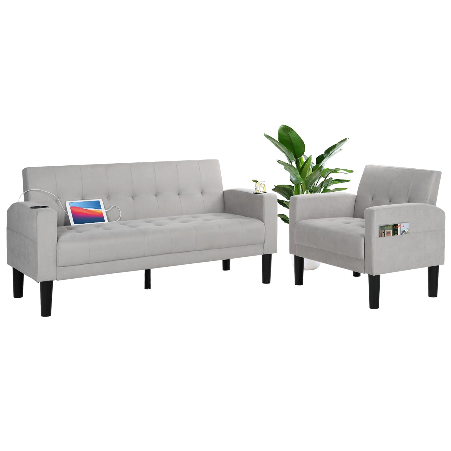 Aileekiss 2 Piece Sofa Set With Usb Ports For Small Spaces