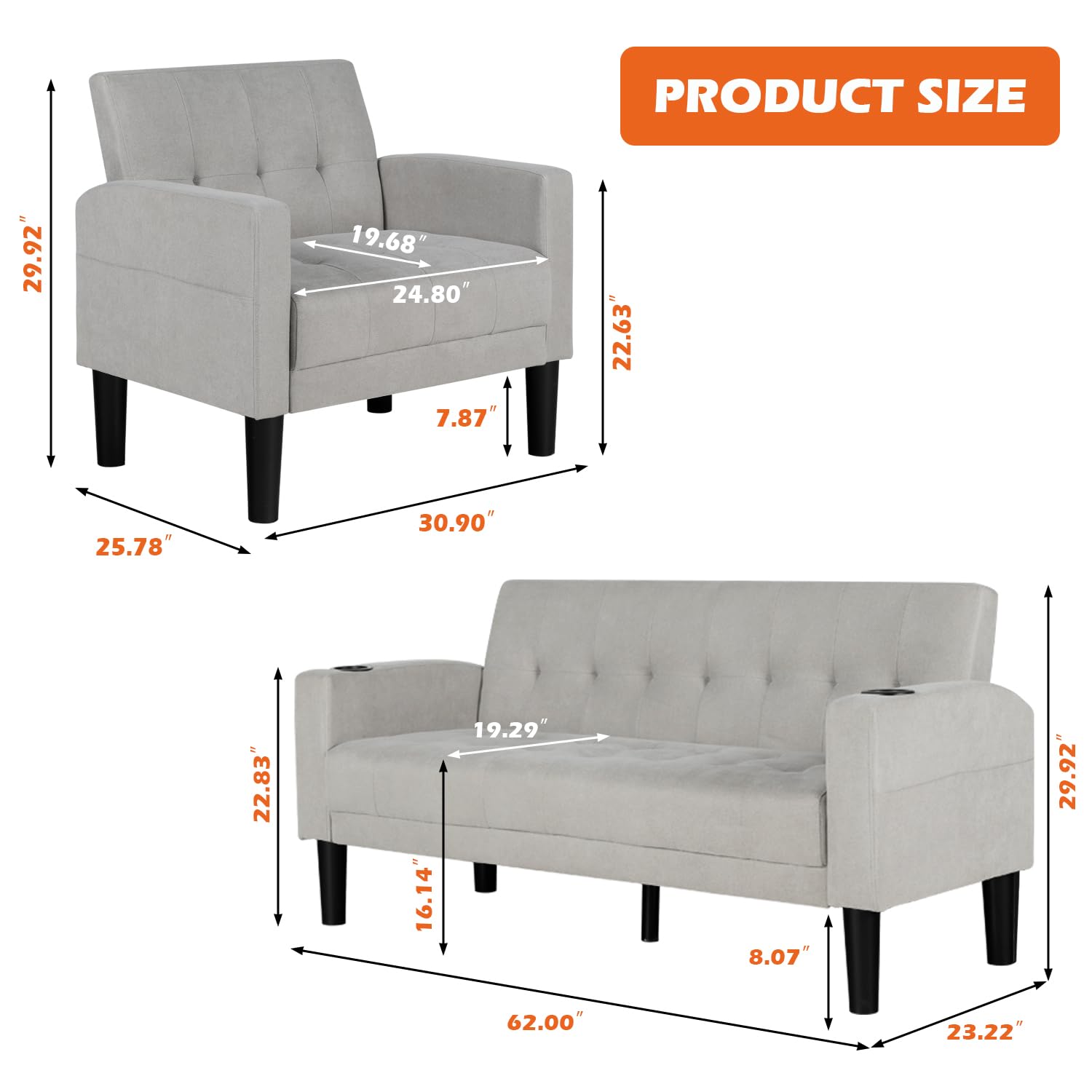 Aileekiss 2 Piece Sofa Set With Usb Ports For Small Spaces