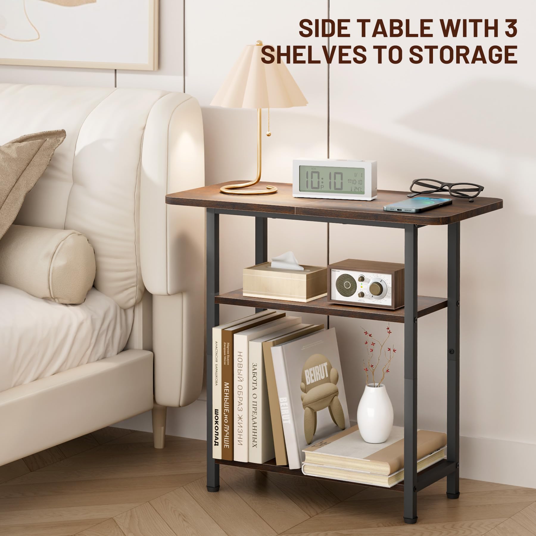 Sleeping Lamb Side Table 3-Tier Narrow With Wide Storage