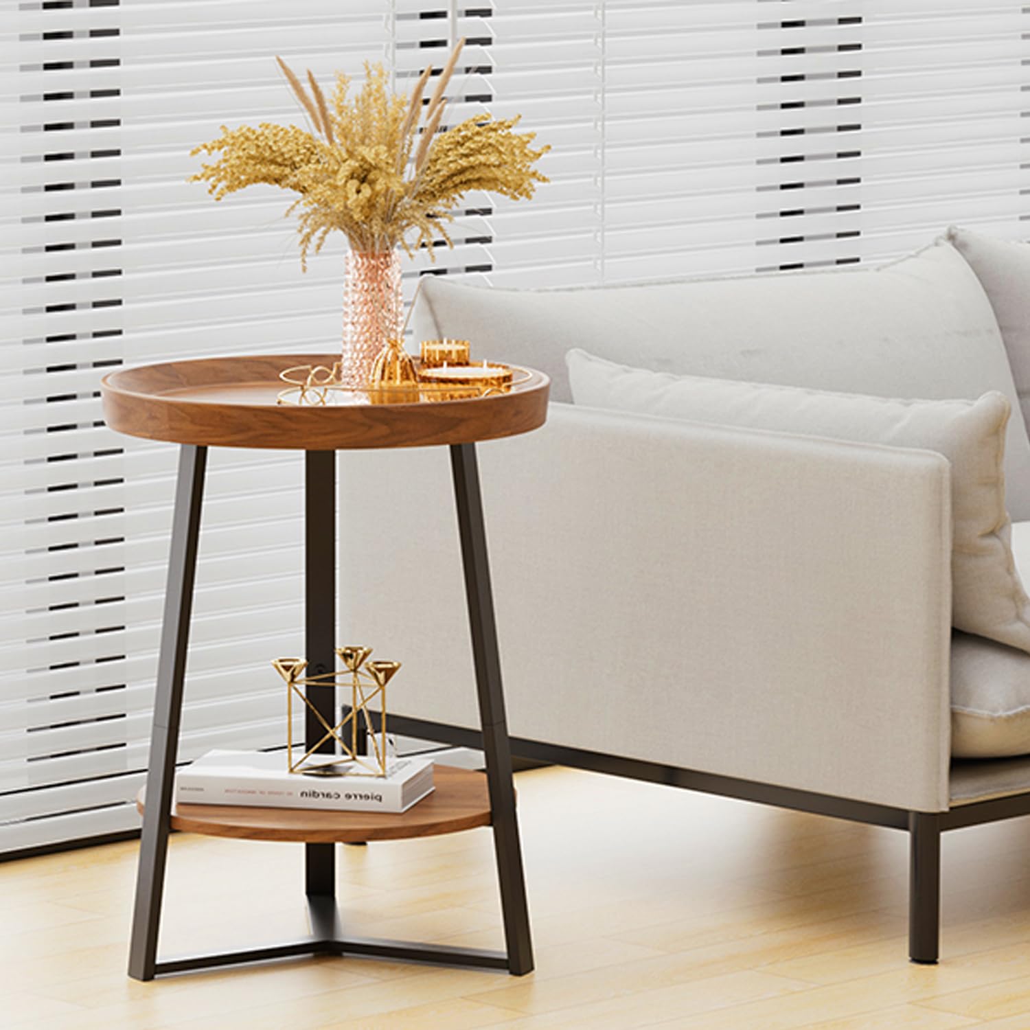 Gadroad Round End Table Two Tier Storage Shelf Living Room