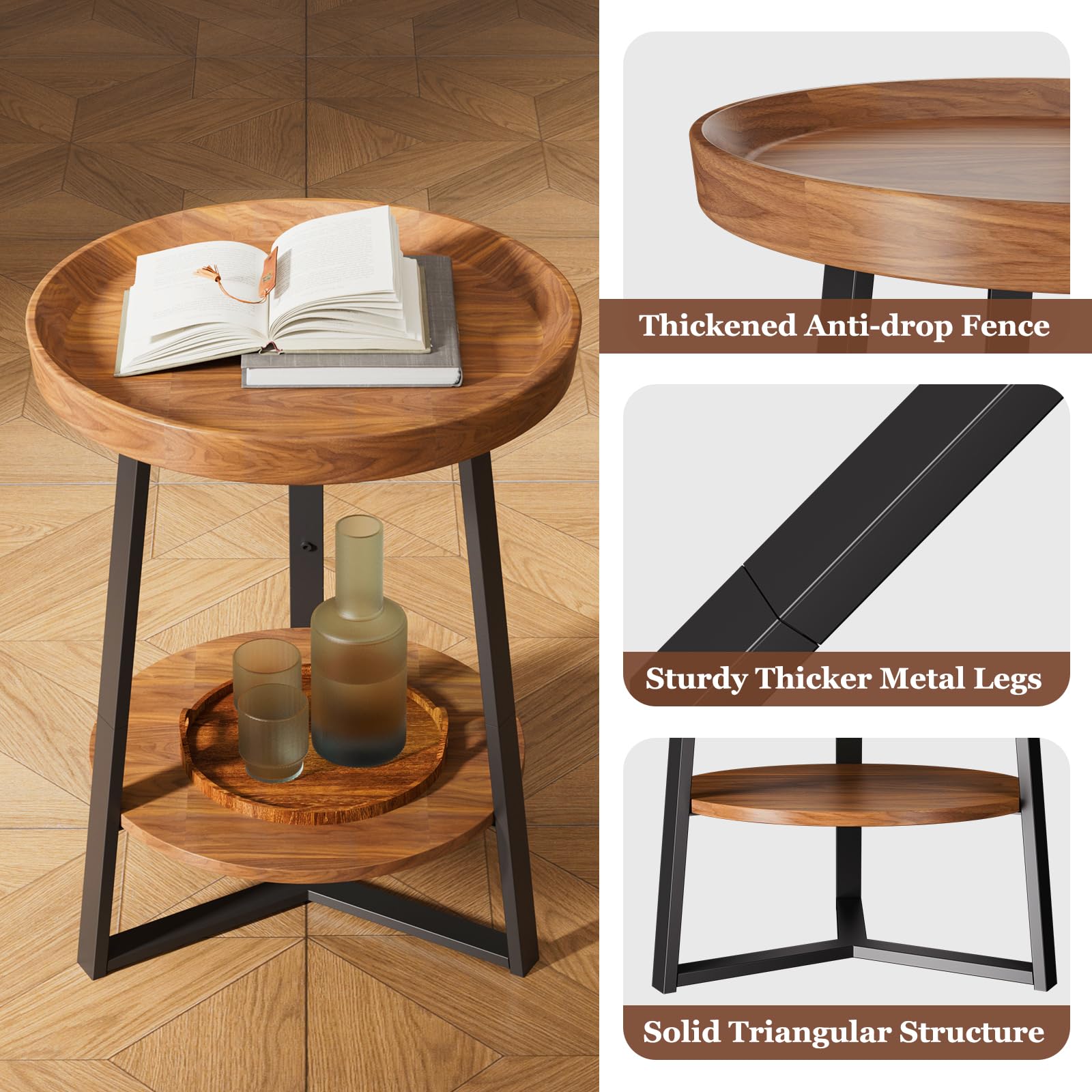 Gadroad Round End Table Two Tier Storage Shelf Living Room