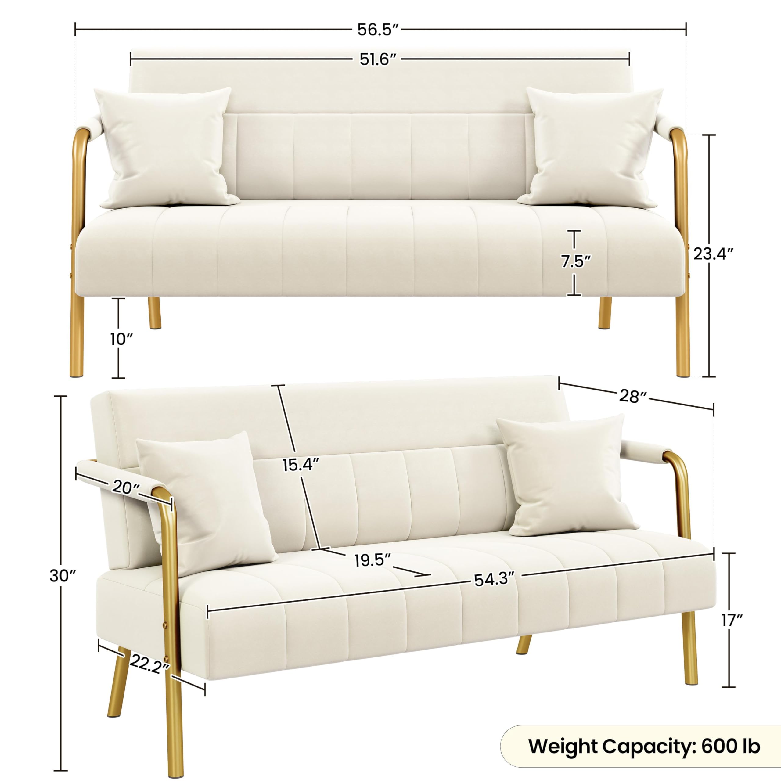 Yaheetech Velvet Sofa With Gold Tone Arms For Living Room