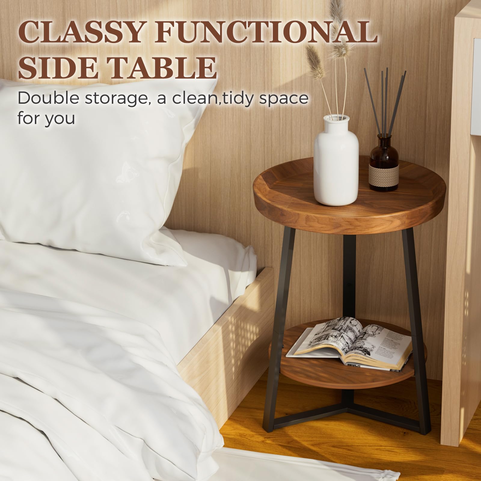 Gadroad Round End Table Two Tier Storage Shelf Living Room