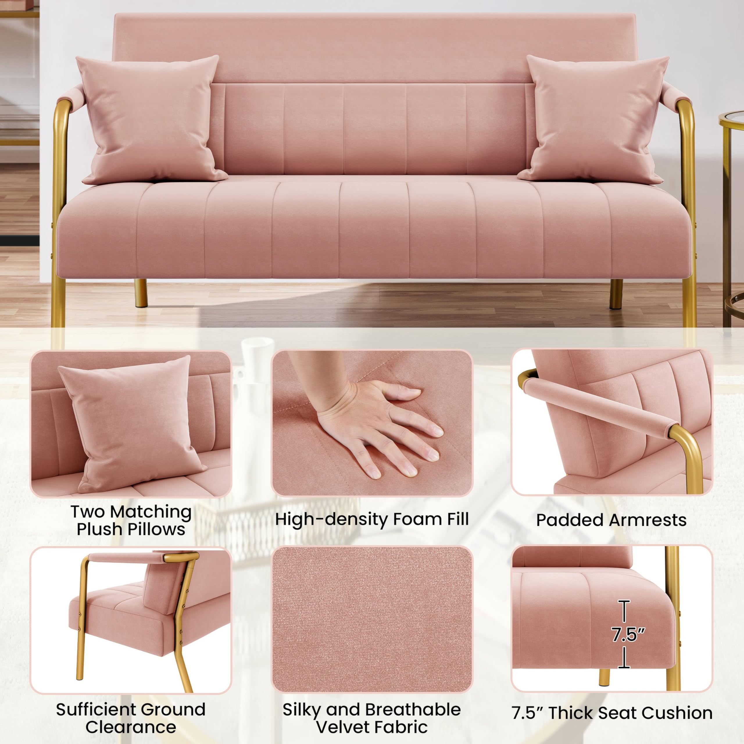 Yaheetech Velvet Sofa Pink Lux Modern Arms For Living Room