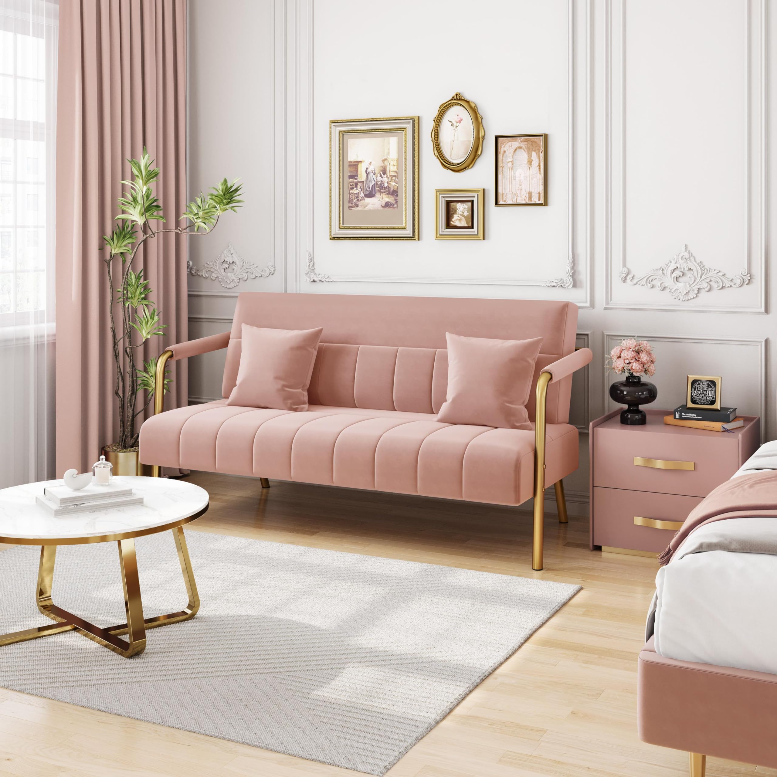 Yaheetech Velvet Sofa Pink Lux Modern Arms For Living Room