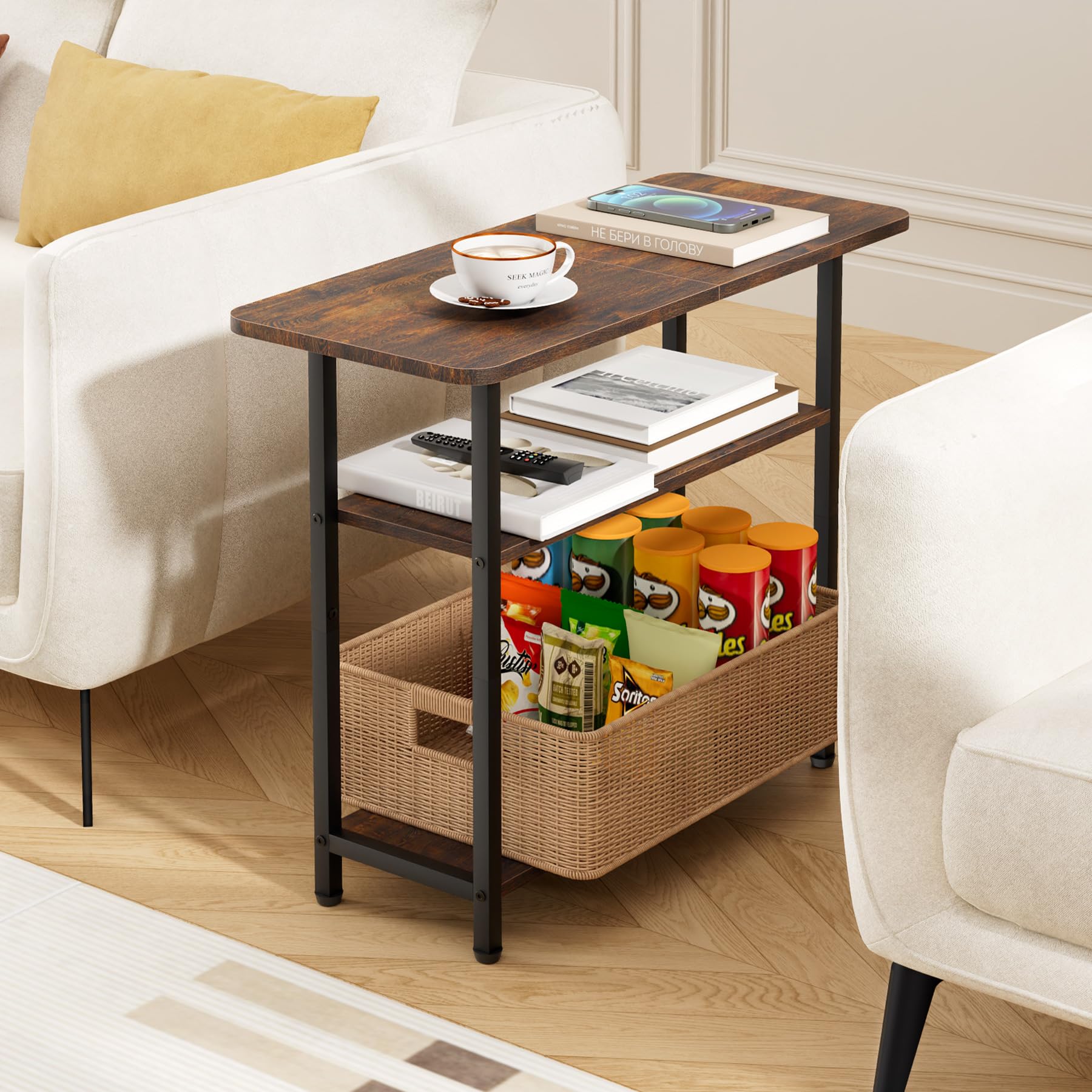 Sleeping Lamb Side Table 3-Tier Narrow With Wide Storage