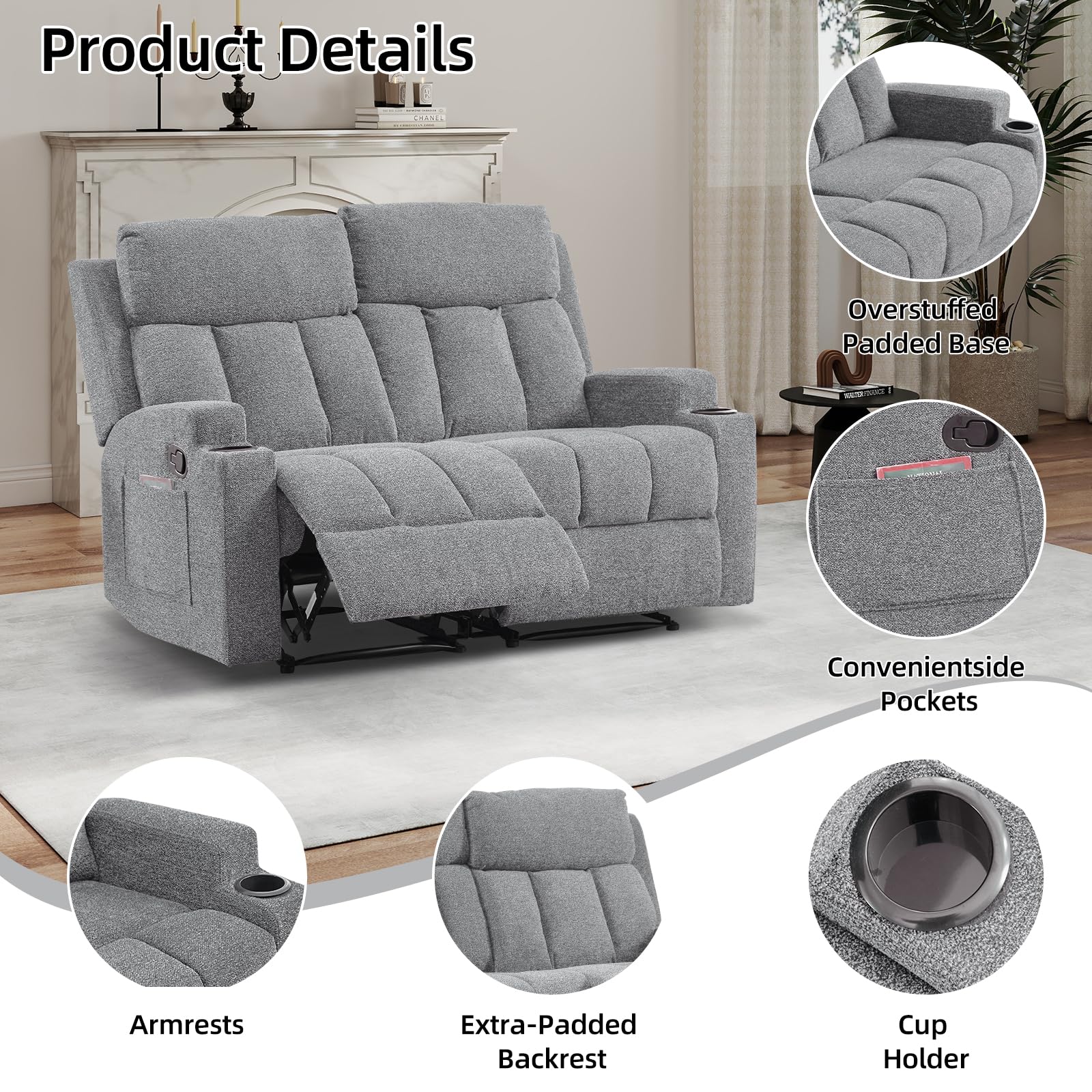 Canmov Living Room Double Recliner Loveseat Cup Holders