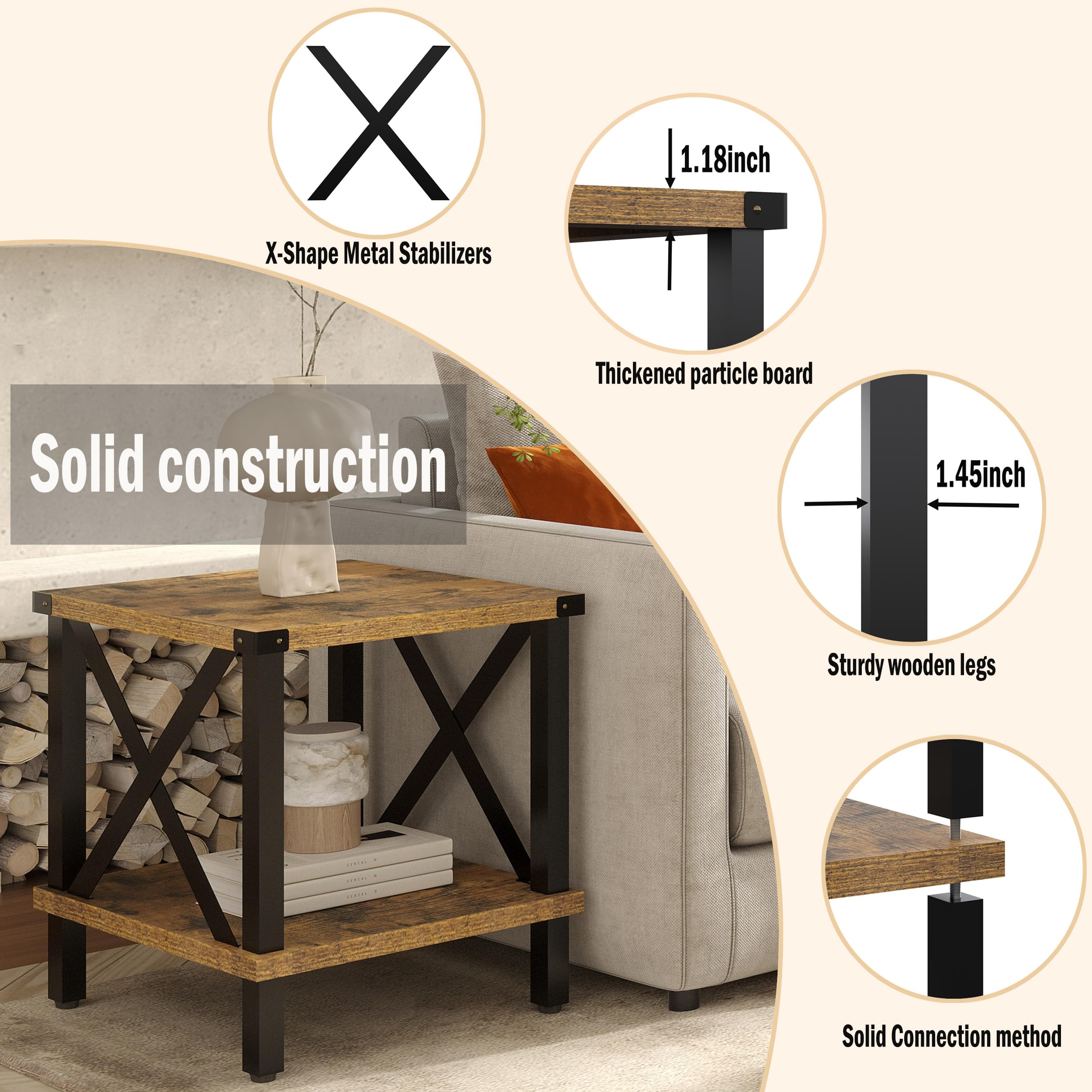 Mmeoluook End Table Living Room Sturdy Shelf Farmhouse