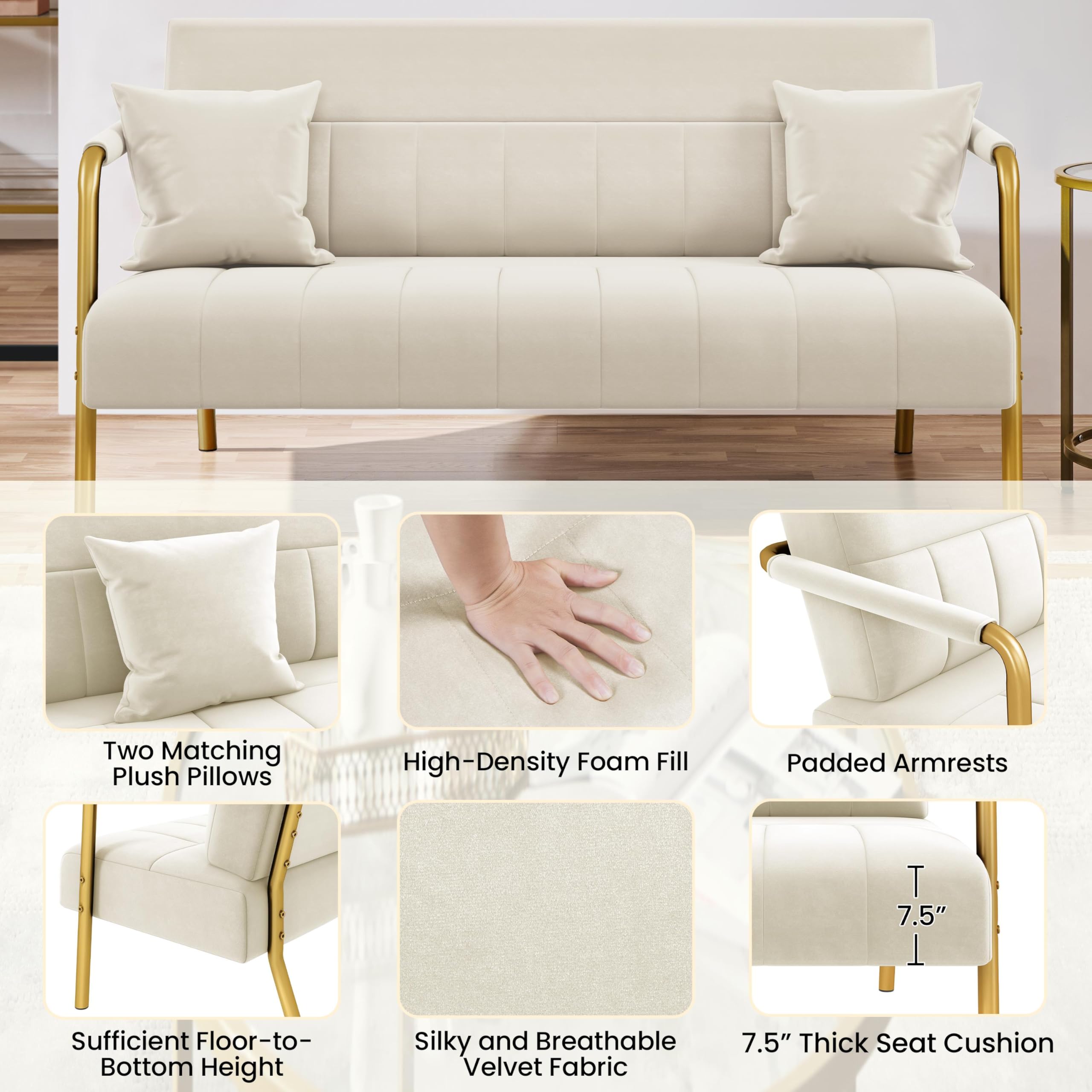 Yaheetech Velvet Sofa With Gold Tone Arms For Living Room