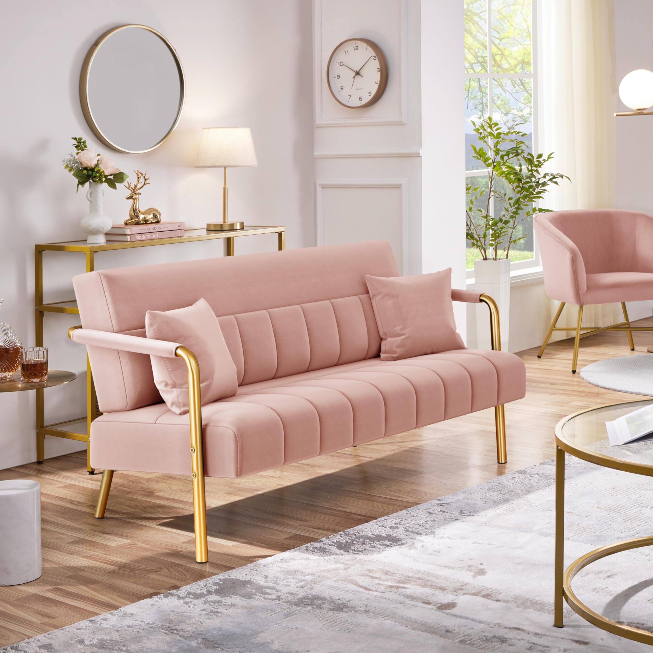Yaheetech Velvet Sofa Pink Lux Modern Arms For Living Room