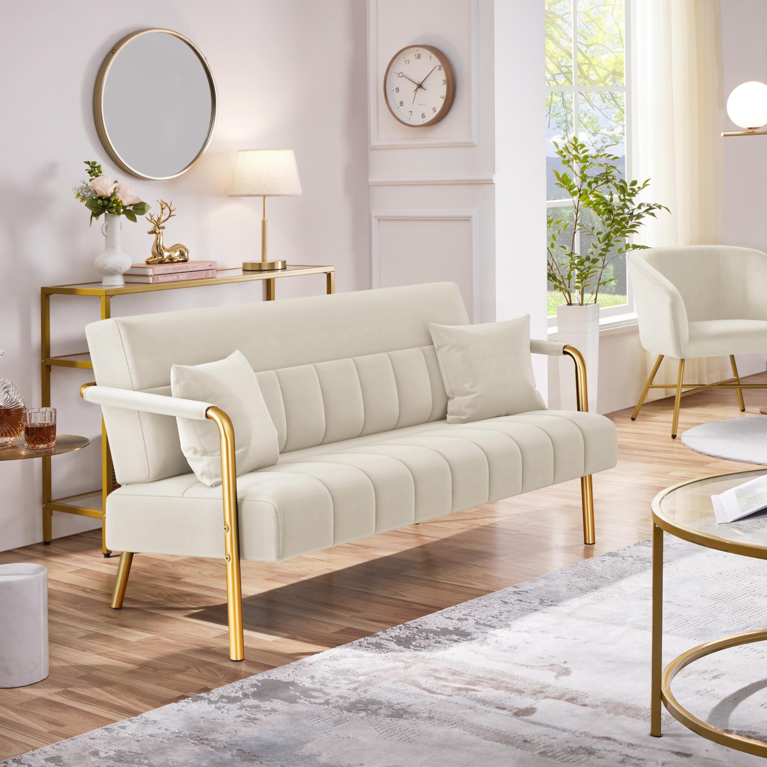 Yaheetech Velvet Sofa With Gold Tone Arms For Living Room