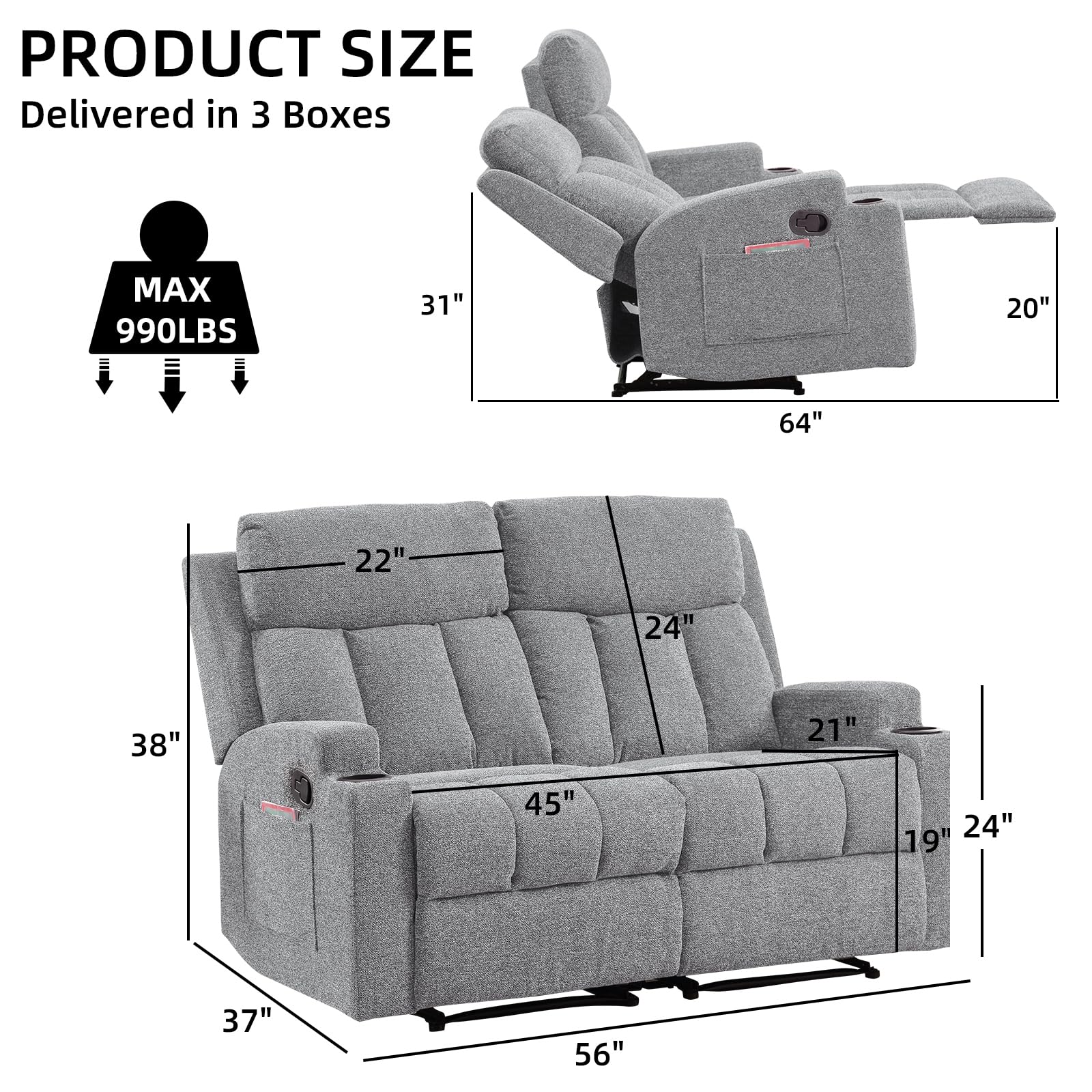 Canmov Living Room Double Recliner Loveseat Cup Holders