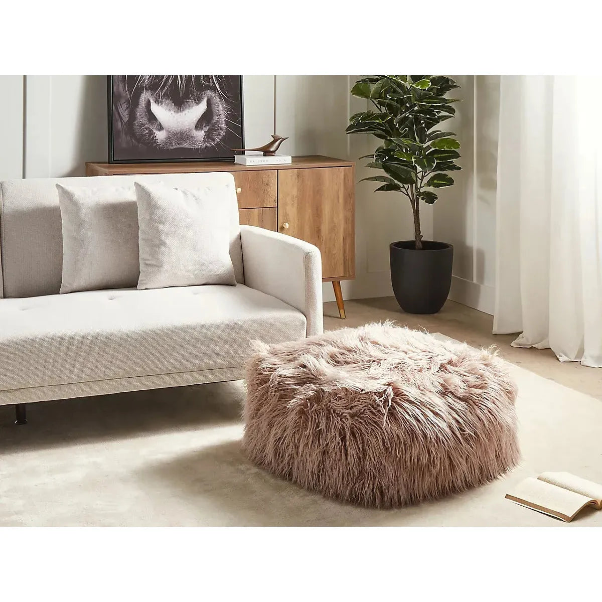 Beliani Boho Pouffe MUKKI Faux Fur Taupe-Furniture Kingdom