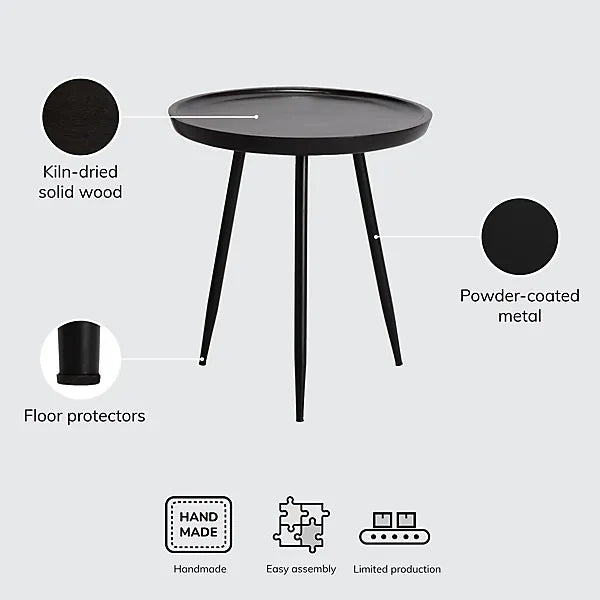 Chervey Black Solid Wood Side Table Round Side Table Living Room Bedside Large Side Table with Black Metal Legs-Furniture Kingdom
