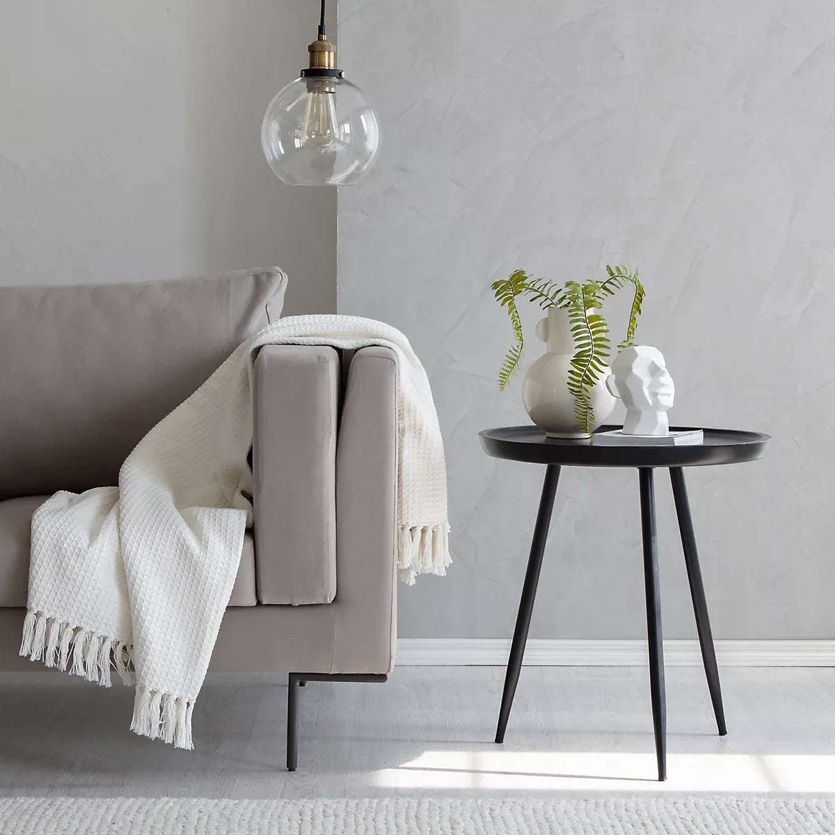 Chervey Black Solid Wood Side Table Round Side Table Living Room Bedside Large Side Table with Black Metal Legs-Furniture Kingdom