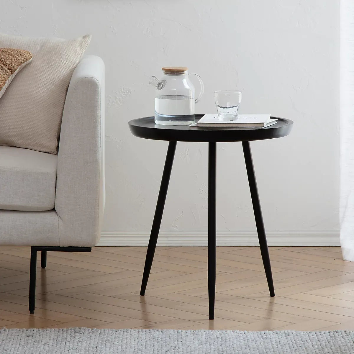 Chervey Black Solid Wood Side Table Round Side Table Living Room Bedside Large Side Table with Black Metal Legs-Furniture Kingdom