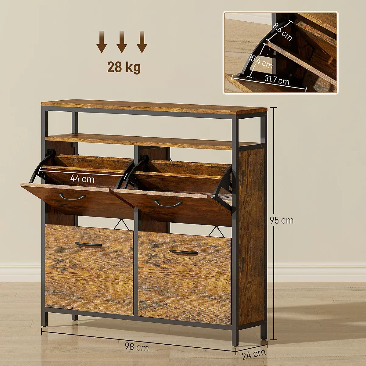 HOMCOM Shoe Cabinet with 4 Flip Drawers, Holds 12-20 Pairs, Rustic Brown-Furniture Kingdom