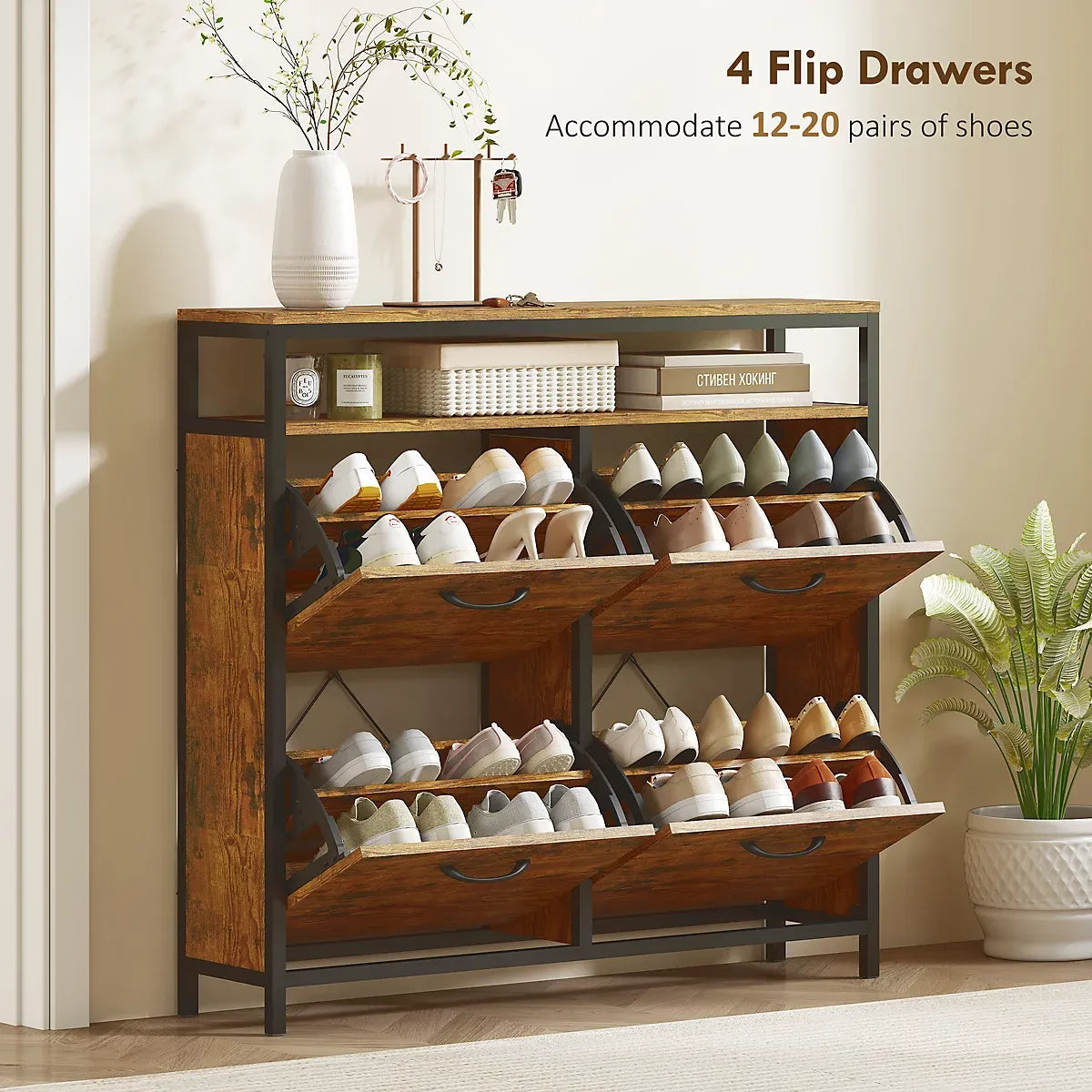 HOMCOM Shoe Cabinet with 4 Flip Drawers, Holds 12-20 Pairs, Rustic Brown-Furniture Kingdom
