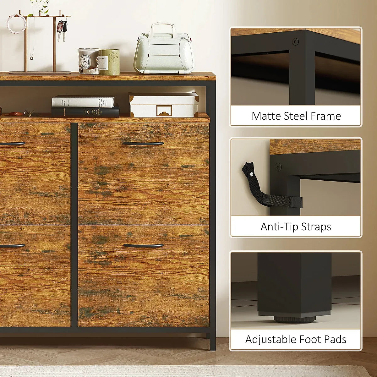 HOMCOM Shoe Cabinet with 4 Flip Drawers, Holds 12-20 Pairs, Rustic Brown-Furniture Kingdom