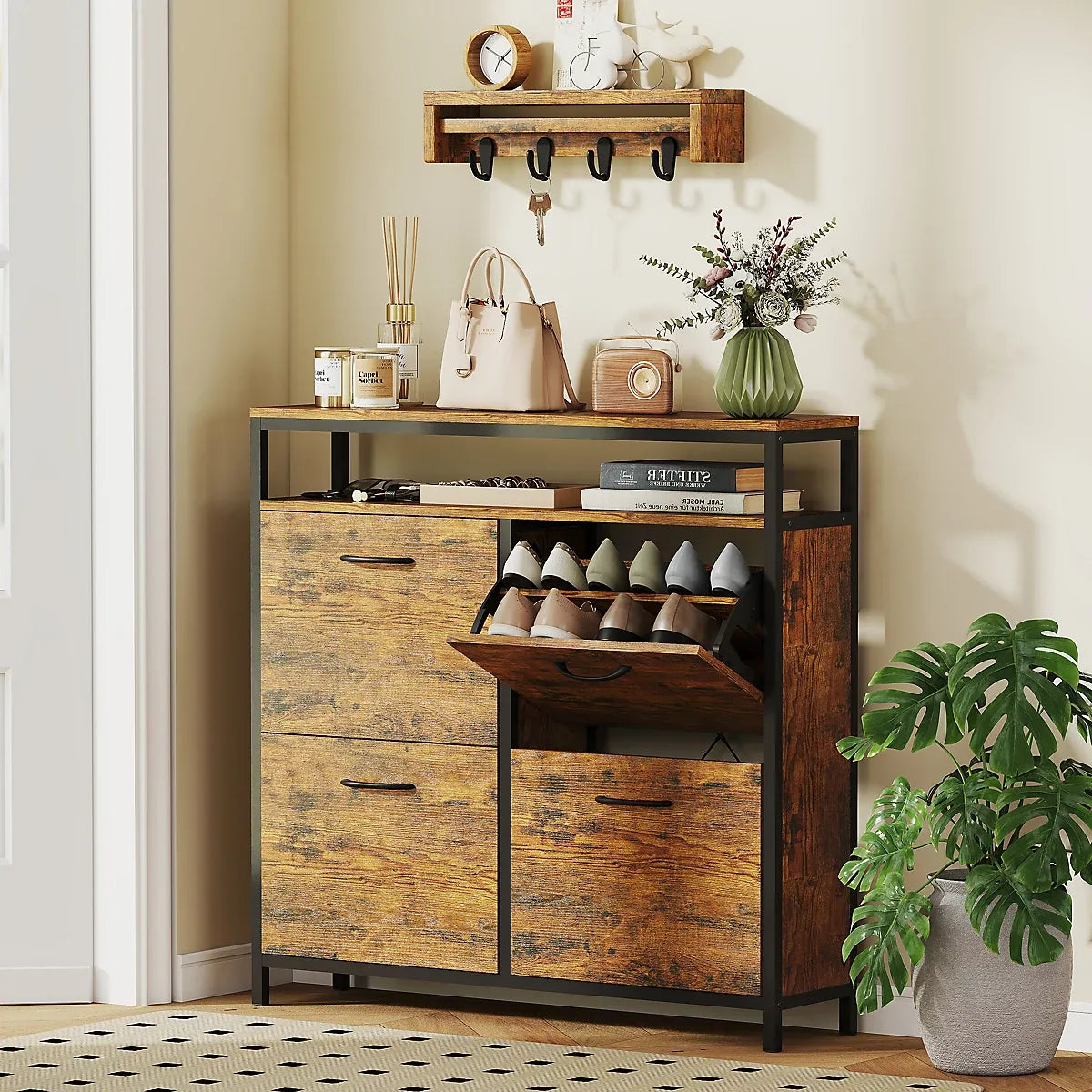 HOMCOM Shoe Cabinet with 4 Flip Drawers, Holds 12-20 Pairs, Rustic Brown-Furniture Kingdom