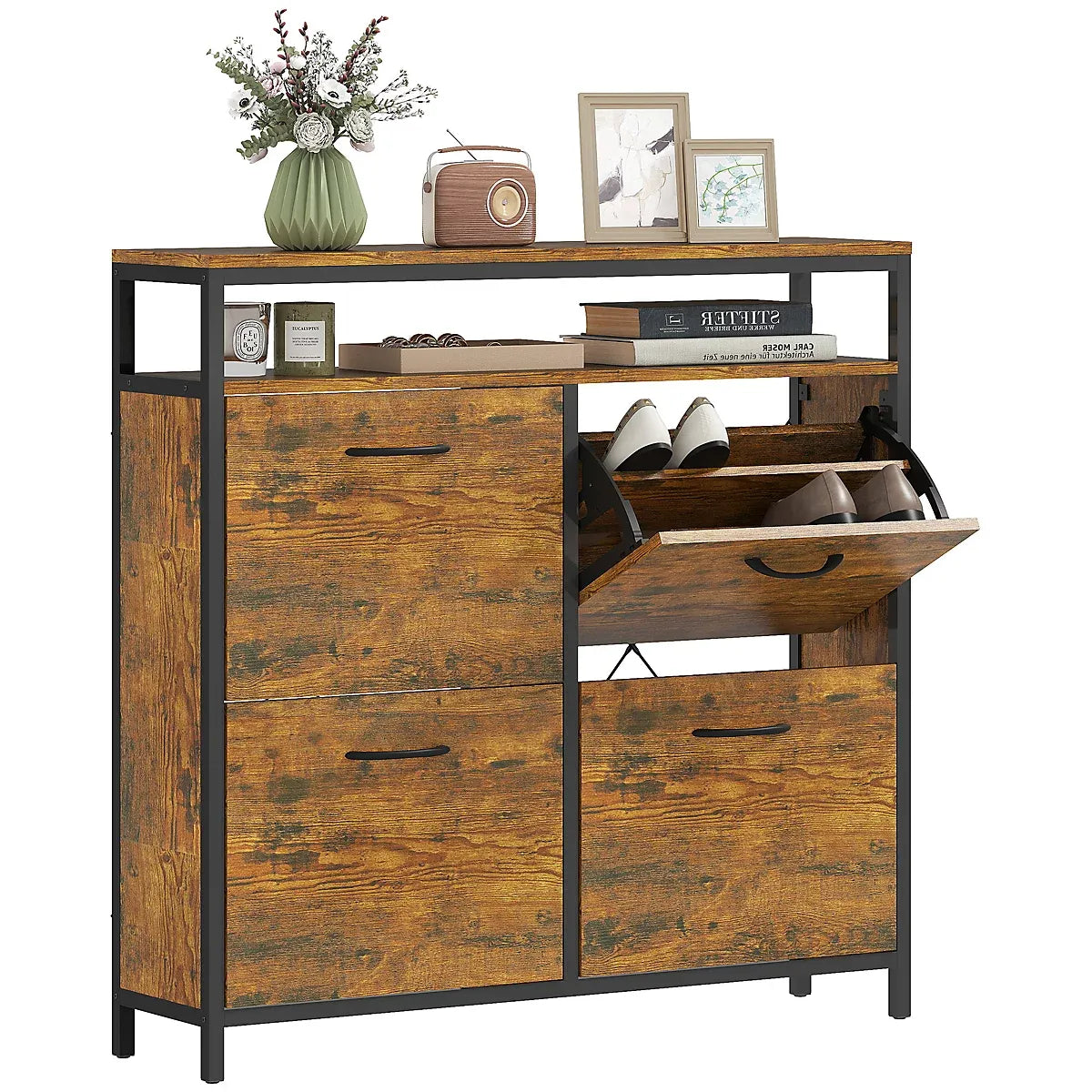 HOMCOM Shoe Cabinet with 4 Flip Drawers, Holds 12-20 Pairs, Rustic Brown-Furniture Kingdom