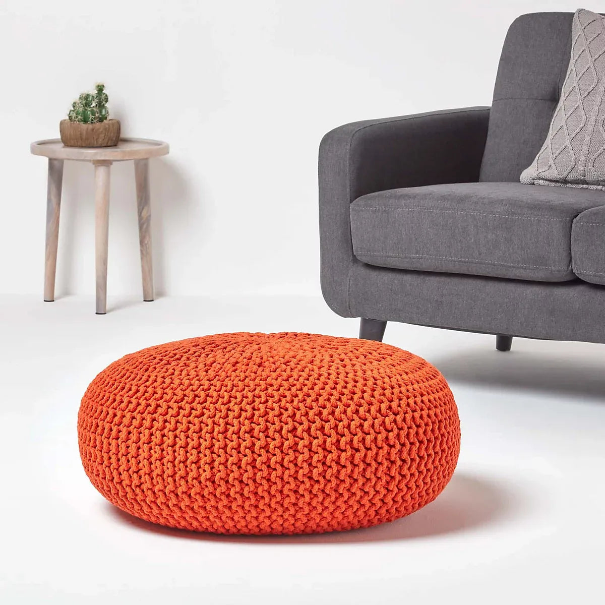 Homescapes Burnt Orange Large Round Cotton Knitted Pouffe Footstool-Furniture Kingdom