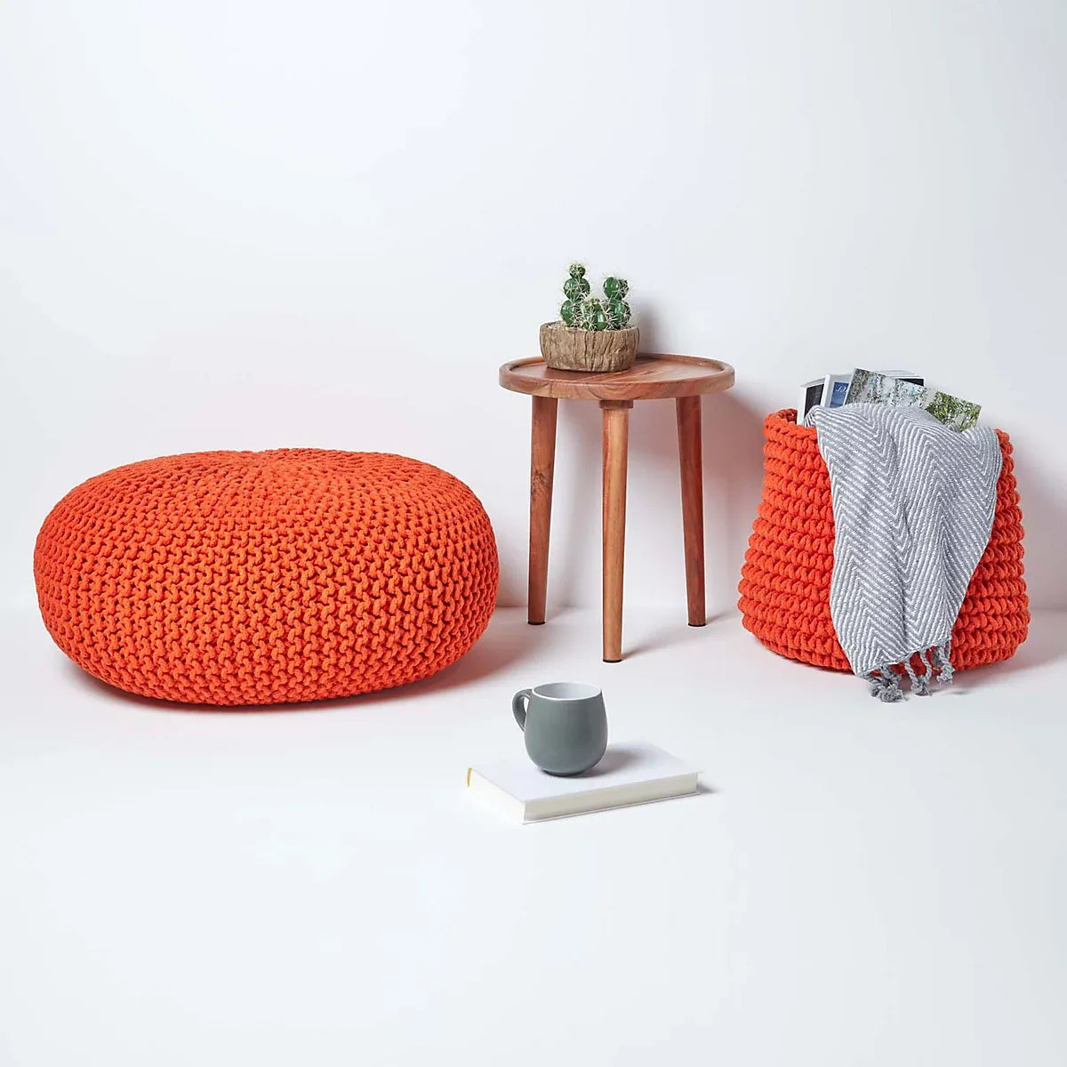 Homescapes Burnt Orange Large Round Cotton Knitted Pouffe Footstool-Furniture Kingdom