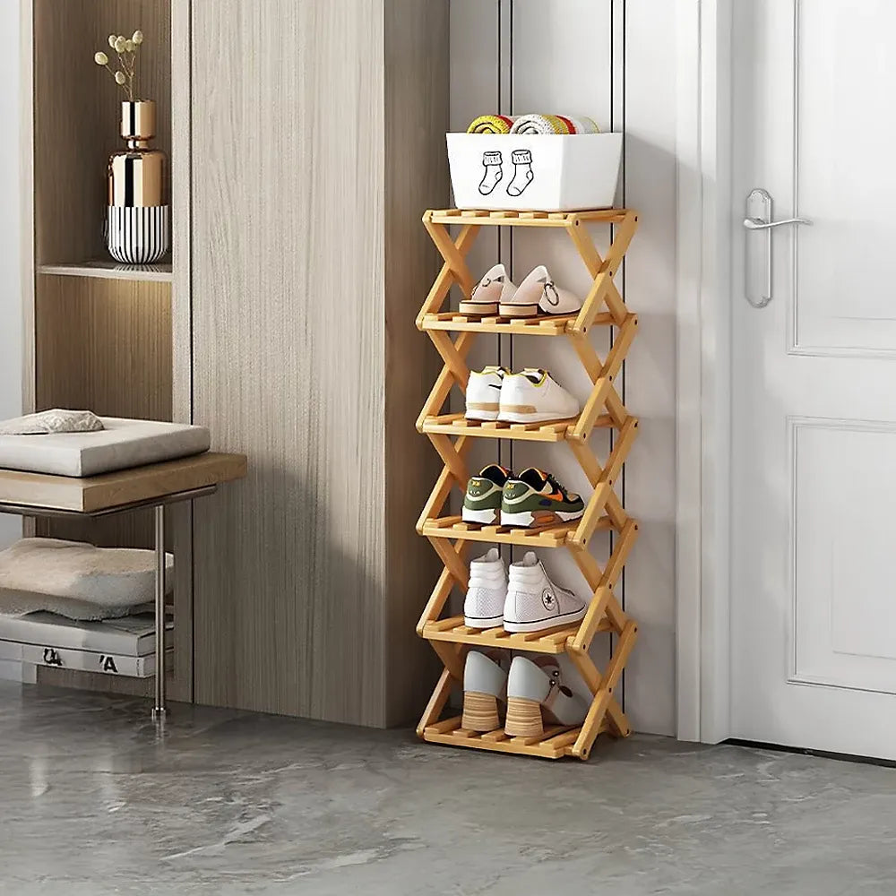 Light Brown 6-Tier Bamboo Folding Shoe Rack-Furniture Kingdom
