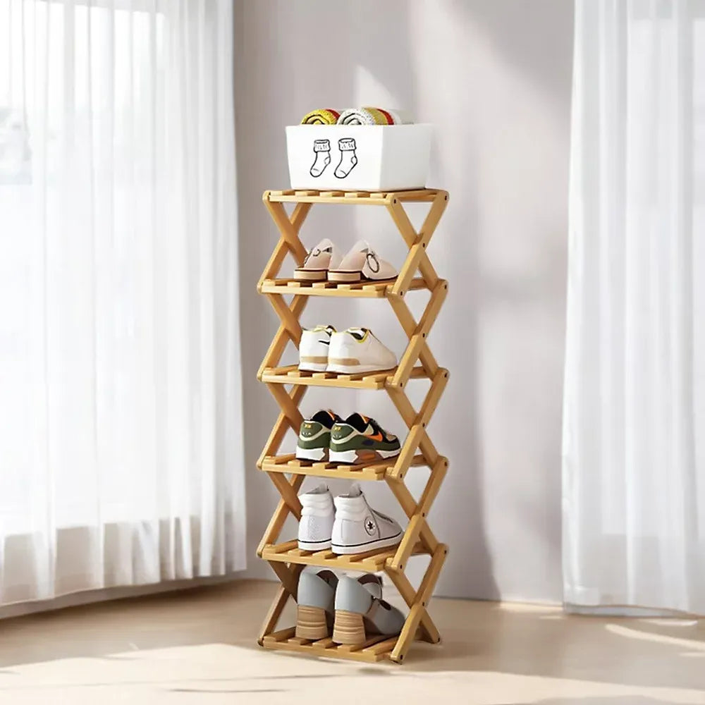 Light Brown 6-Tier Bamboo Folding Shoe Rack-Furniture Kingdom