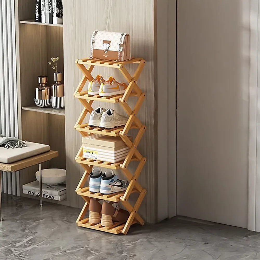 Light Brown 6-Tier Bamboo Folding Shoe Rack-Furniture Kingdom