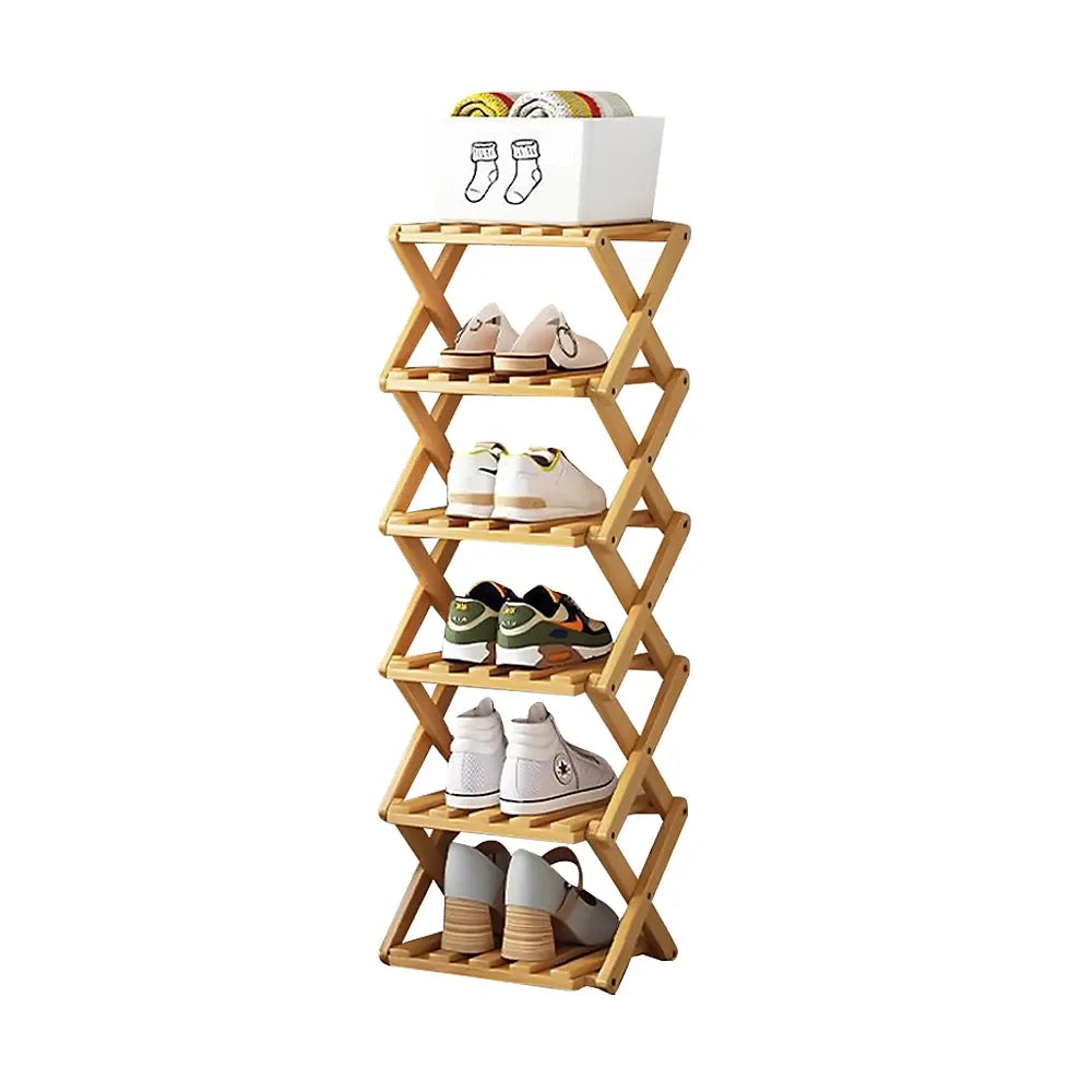 Light Brown 6-Tier Bamboo Folding Shoe Rack-Furniture Kingdom