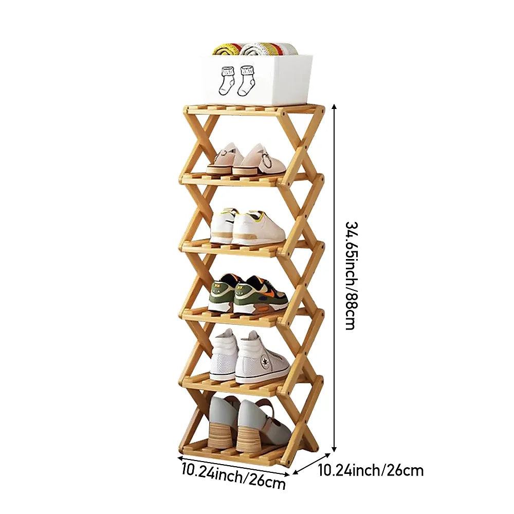 Light Brown 6-Tier Bamboo Folding Shoe Rack-Furniture Kingdom