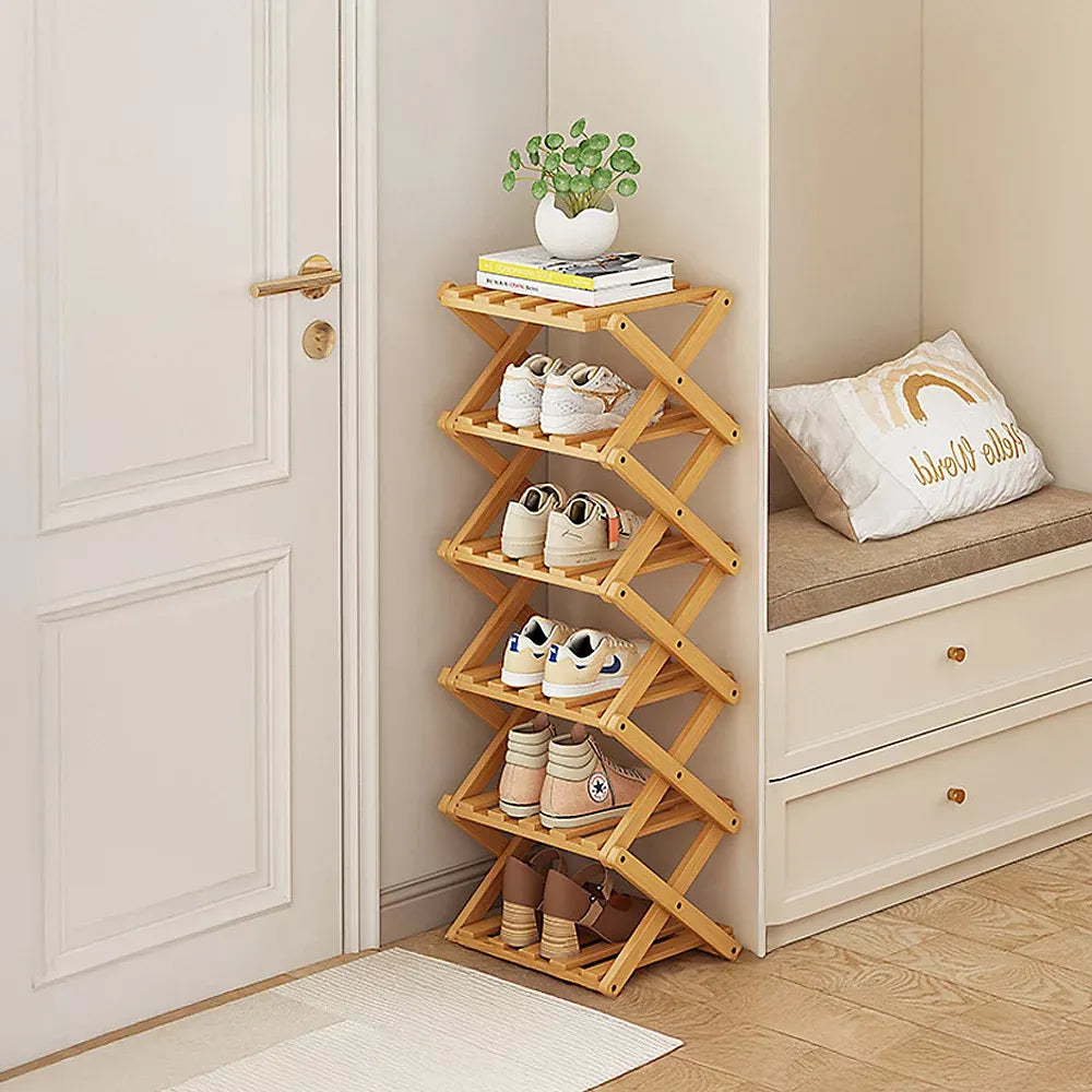 Light Brown 6-Tier Bamboo Folding Shoe Rack-Furniture Kingdom
