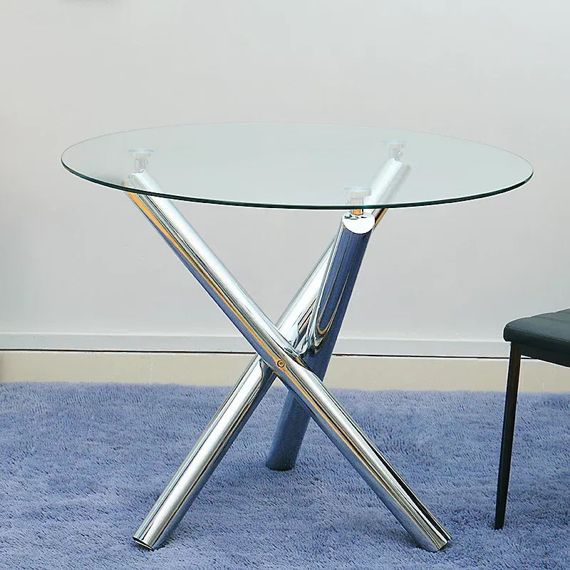 Modern Round Glass Dining Table with Chrome Cross Base for 4 People, 88cm Dia x 75cm H-Furniture Kingdom