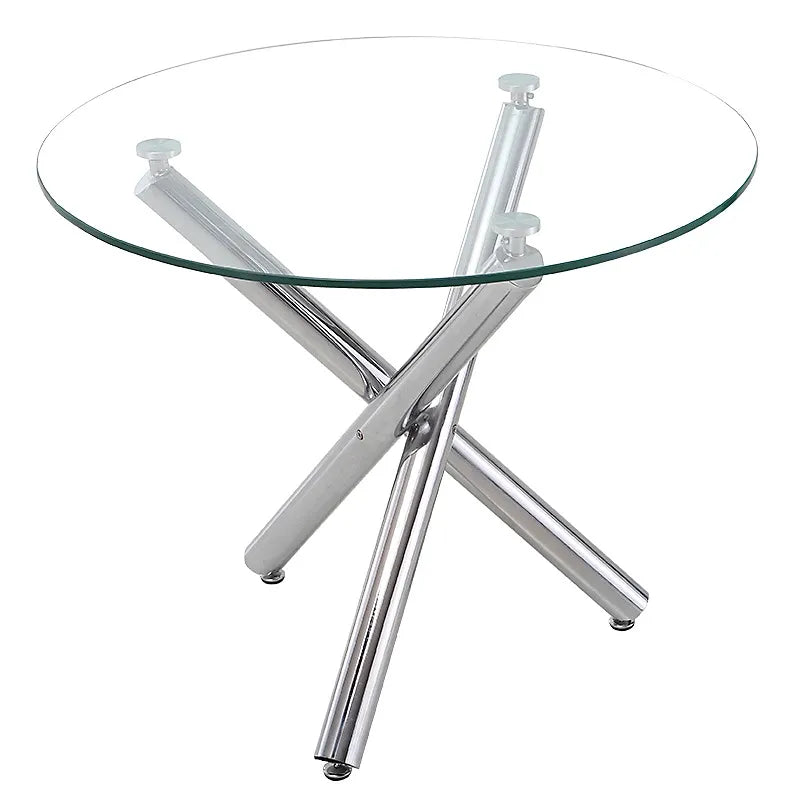 Modern Round Glass Dining Table with Chrome Cross Base for 4 People, 88cm Dia x 75cm H-Furniture Kingdom