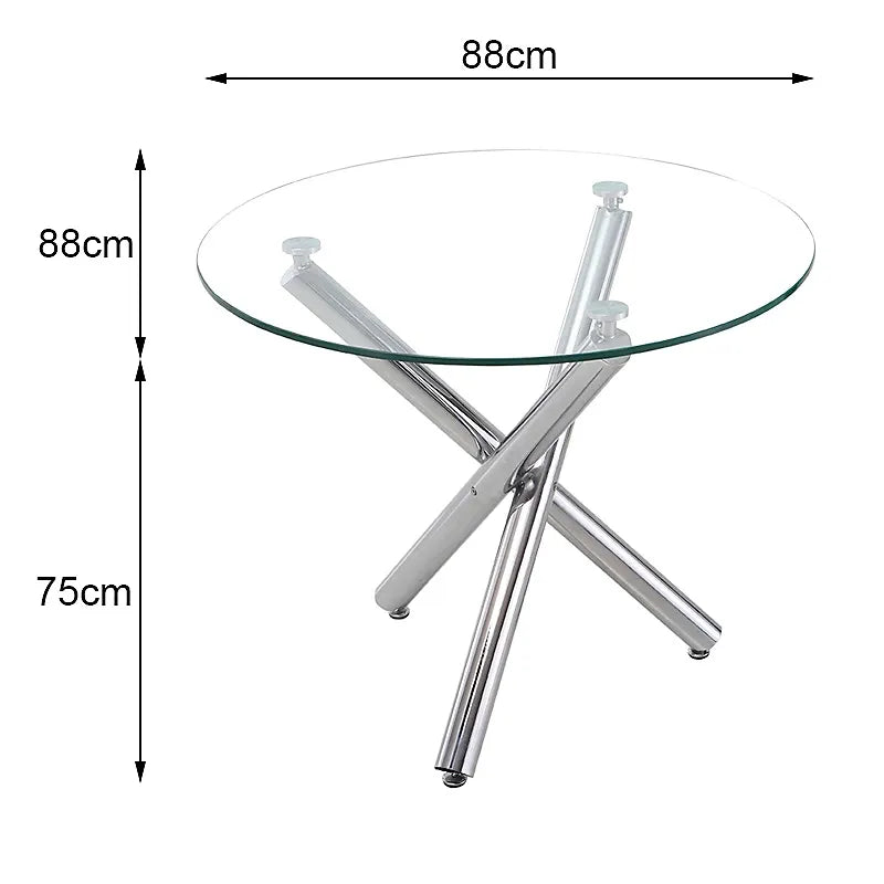 Modern Round Glass Dining Table with Chrome Cross Base for 4 People, 88cm Dia x 75cm H-Furniture Kingdom