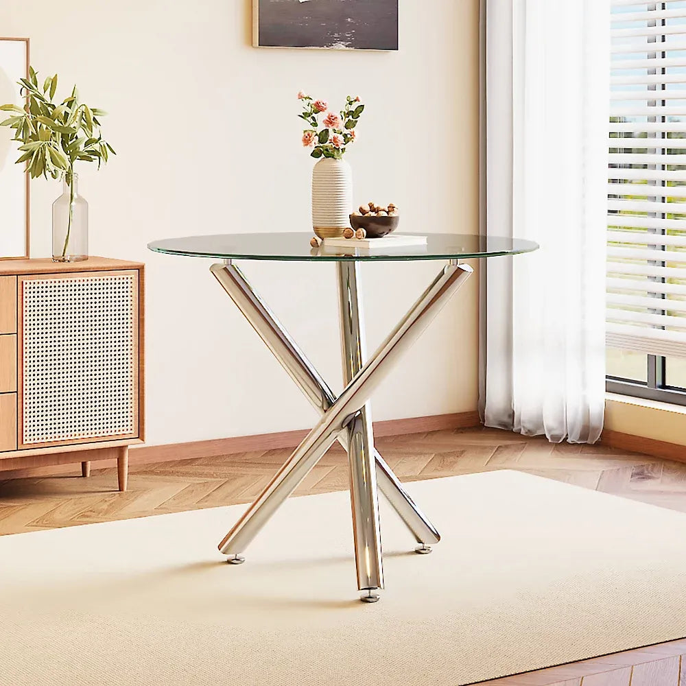 Modern Round Glass Dining Table with Chrome Cross Base for 4 People, 88cm Dia x 75cm H-Furniture Kingdom