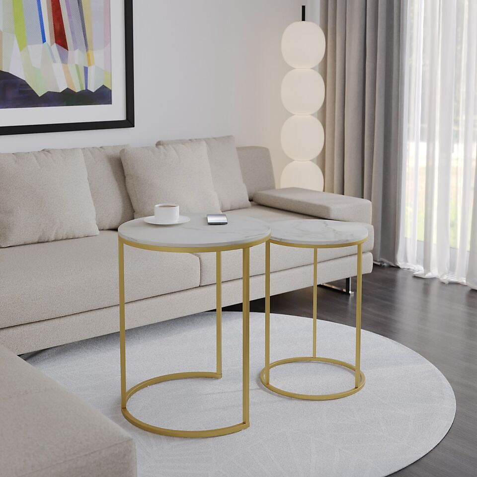 URBNLIVING 60cm Height White Marble Wood Top with Gold Legs Round Nesting Stackable Sofa Side Bedside End Table Set of 2-Furniture Kingdom
