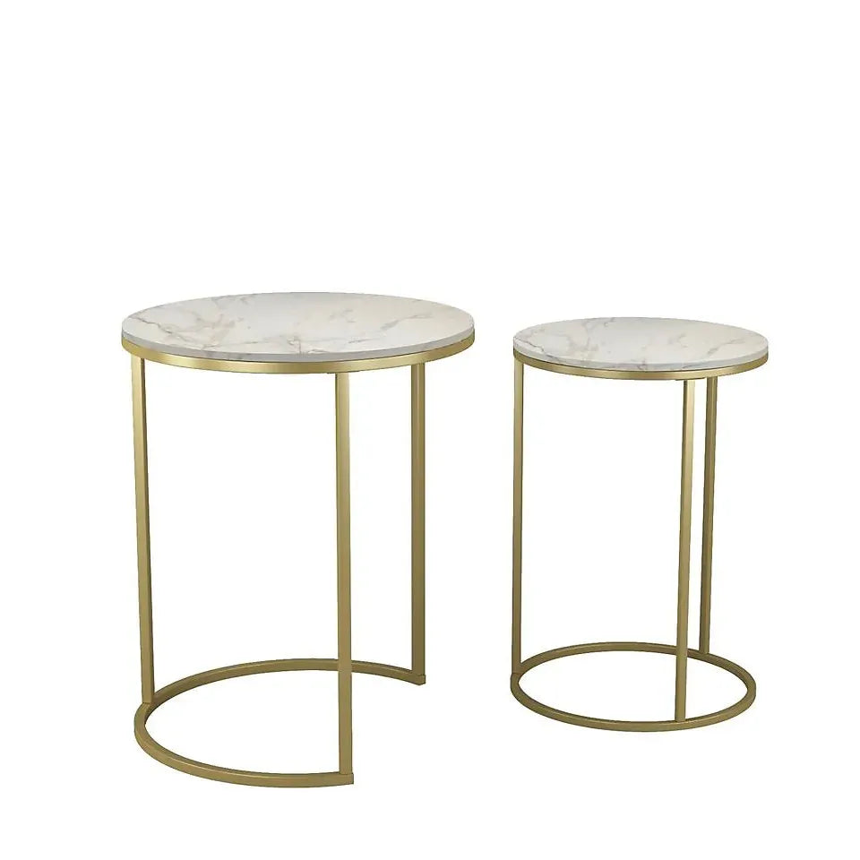 URBNLIVING 60cm Height White Marble Wood Top with Gold Legs Round Nesting Stackable Sofa Side Bedside End Table Set of 2-Furniture Kingdom
