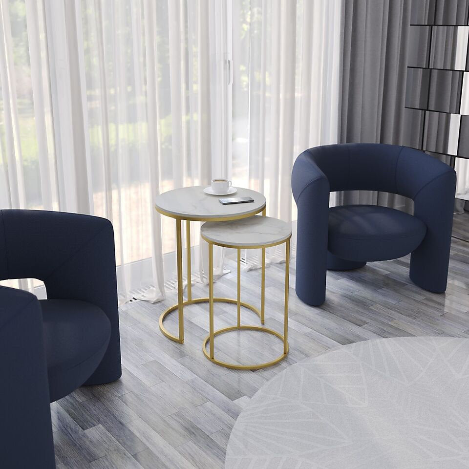 URBNLIVING 60cm Height White Marble Wood Top with Gold Legs Round Nesting Stackable Sofa Side Bedside End Table Set of 2-Furniture Kingdom