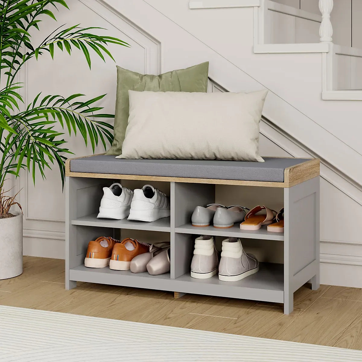 VonHaus Shoe Storage Bench with Padded Seat, Grey Hallway Bench & 4 Open Storage Shelves for Entryway & Porch, Ash Hall-Furniture Kingdom