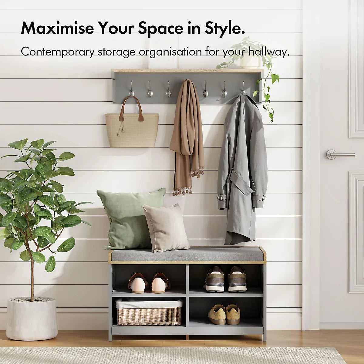 VonHaus Shoe Storage Bench with Padded Seat, Grey Hallway Bench & 4 Open Storage Shelves for Entryway & Porch, Ash Hall-Furniture Kingdom