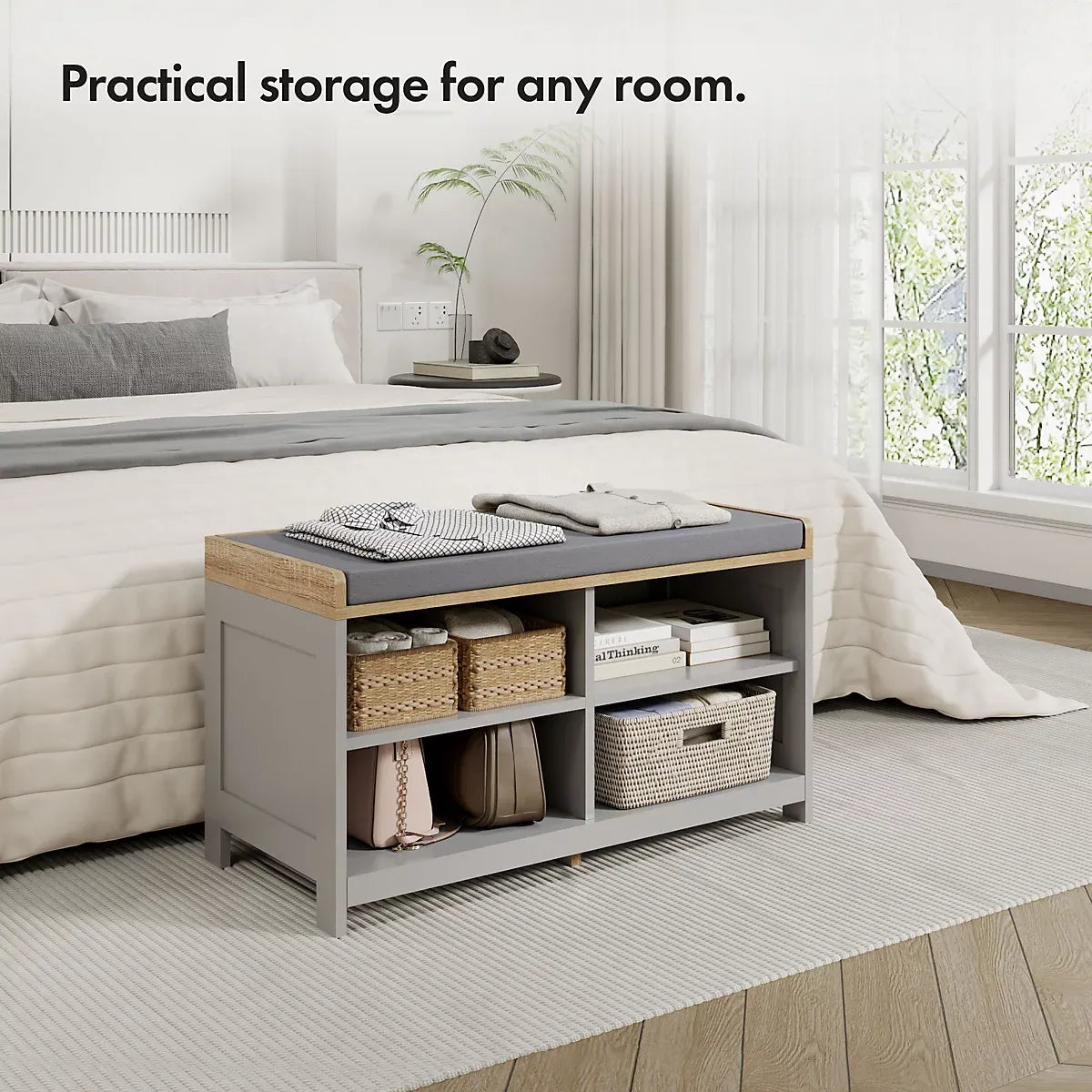VonHaus Shoe Storage Bench with Padded Seat, Grey Hallway Bench & 4 Open Storage Shelves for Entryway & Porch, Ash Hall-Furniture Kingdom