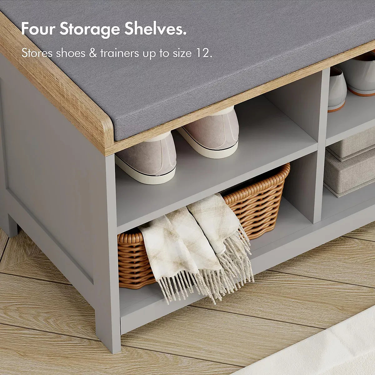 VonHaus Shoe Storage Bench with Padded Seat, Grey Hallway Bench & 4 Open Storage Shelves for Entryway & Porch, Ash Hall-Furniture Kingdom