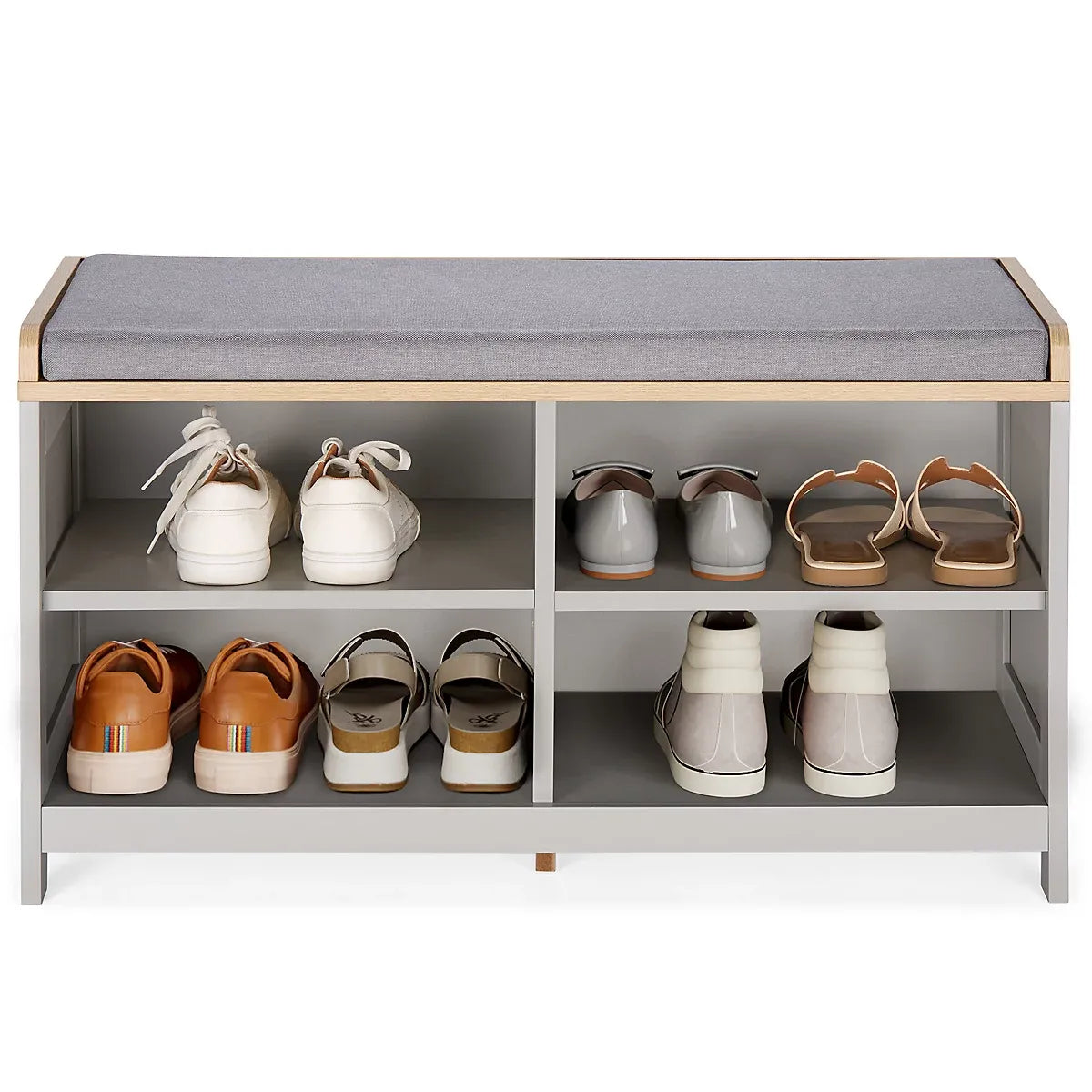 VonHaus Shoe Storage Bench with Padded Seat, Grey Hallway Bench & 4 Open Storage Shelves for Entryway & Porch, Ash Hall-Furniture Kingdom