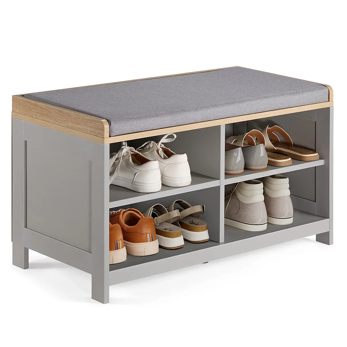 VonHaus Shoe Storage Bench with Padded Seat, Grey Hallway Bench & 4 Open Storage Shelves for Entryway & Porch, Ash Hall-Furniture Kingdom